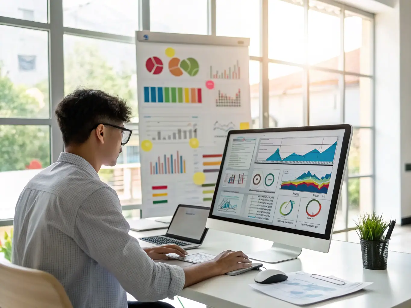 A digital marketing specialist optimizing website content and structure for search engines, focusing on relevant keywords and user experience.