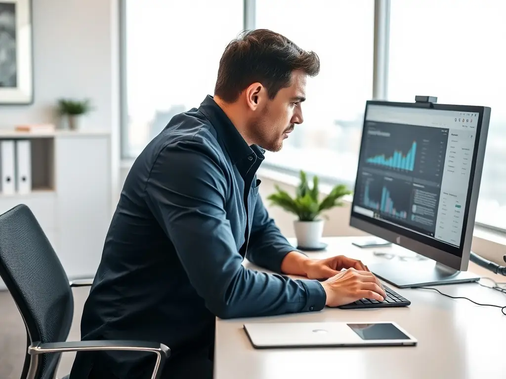 A business analyst carefully examines a sales funnel diagram on a large monitor, highlighting potential areas of customer drop-off and conversion bottlenecks, symbolizing Beta Grove's funnel diagnosis service.
